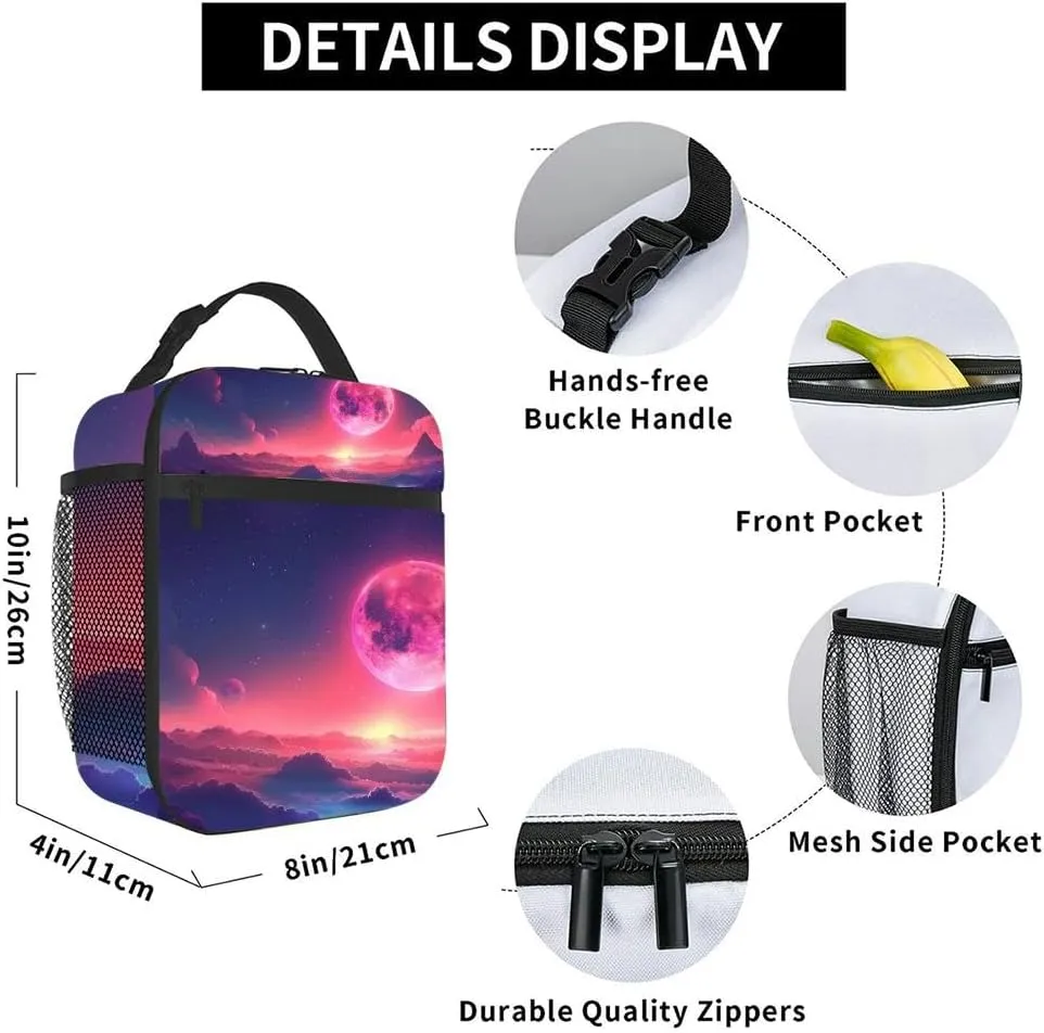 A beautiful landscape a pink moon rising over a mountain range Insulated Iunch Bag for Men Woman Large Portable Waterproof Reusable Thermal Lunch Box with Pockets for Work Travel Picnic
