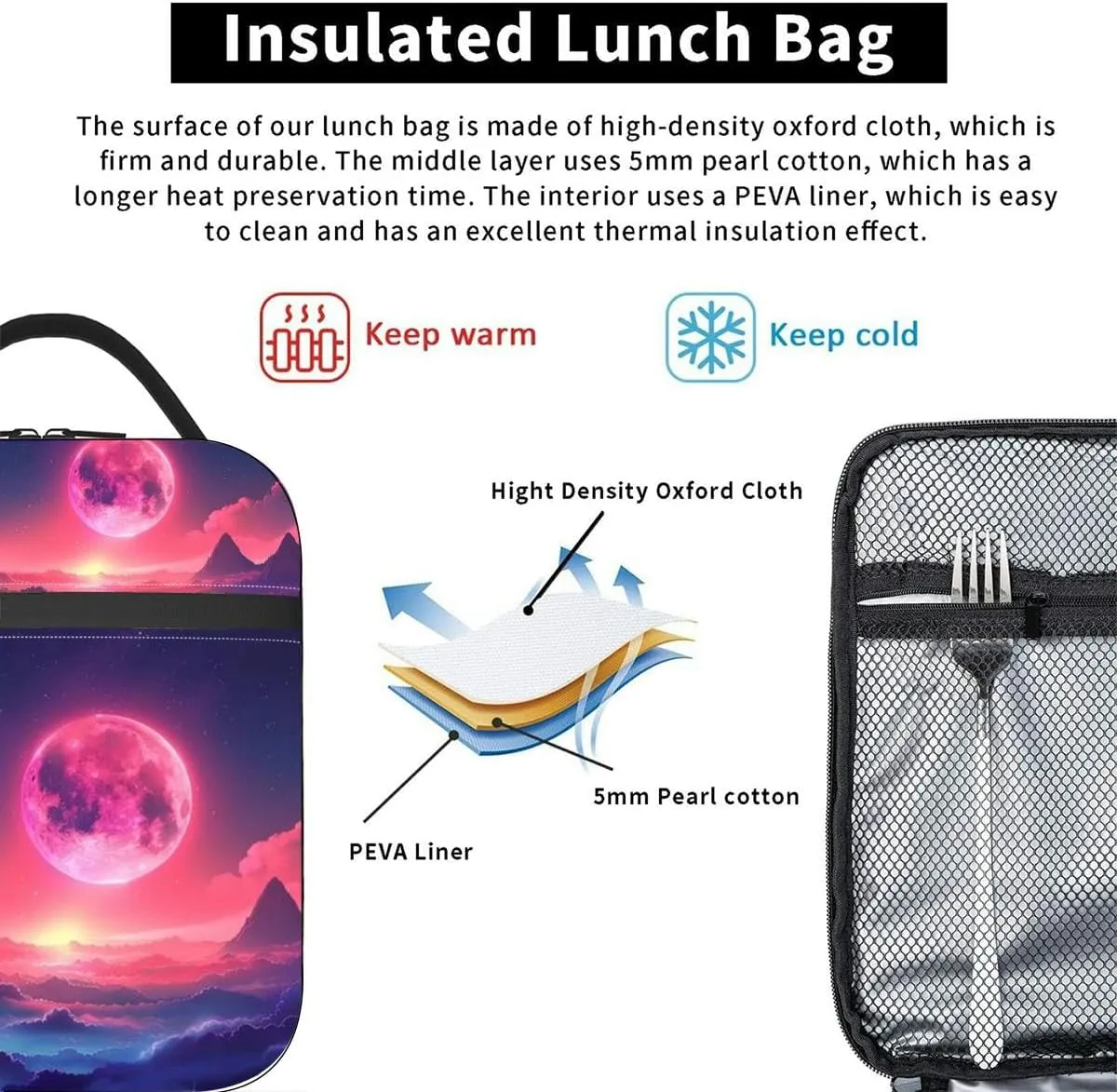 A beautiful landscape a pink moon rising over a mountain range Insulated Iunch Bag for Men Woman Large Portable Waterproof Reusable Thermal Lunch Box with Pockets for Work Travel Picnic