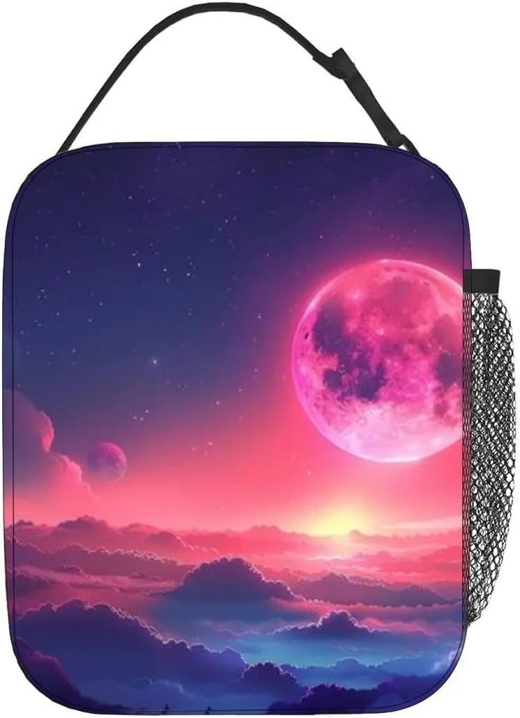 A beautiful landscape a pink moon rising over a mountain range Insulated Iunch Bag for Men Woman Large Portable Waterproof Reusable Thermal Lunch Box with Pockets for Work Travel Picnic