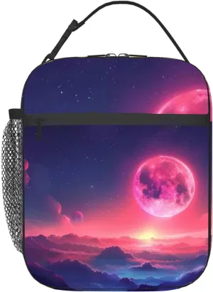A beautiful landscape a pink moon rising over a mountain range Insulated Iunch Bag for Men Woman Large Portable Waterproof Reusable Thermal Lunch Box with Pockets for Work Travel Picnic