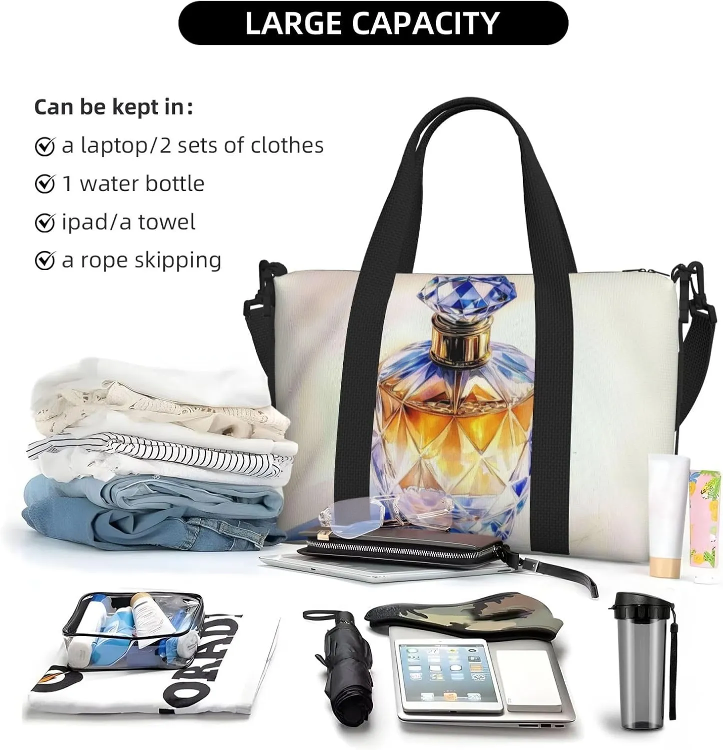 A crystal bottle perfume print Travel Duffel Bag, Sports Tote Gym Bag, Swim Pool Bag Large Shoulder Tote Bag for Beach Weekender