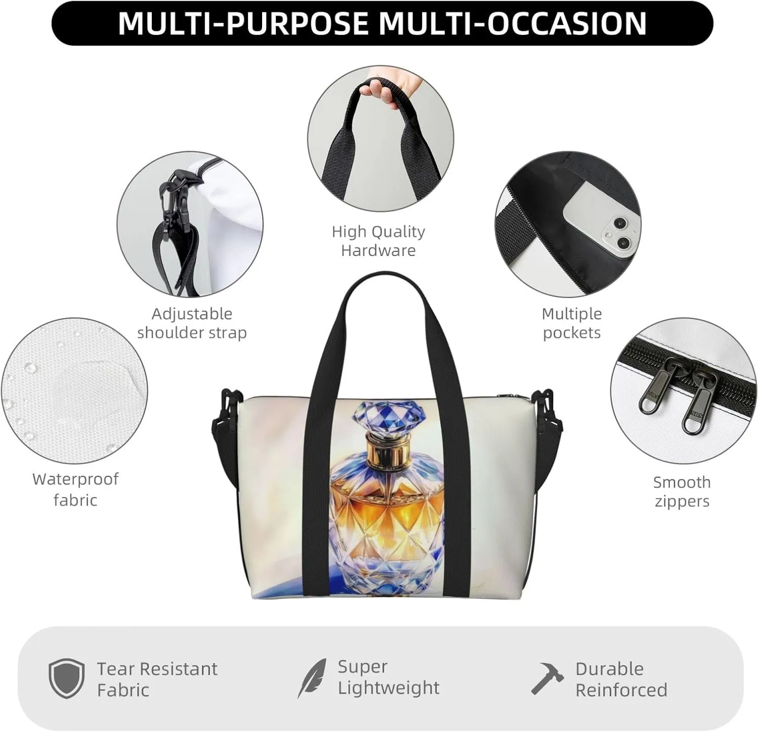 A crystal bottle perfume print Travel Duffel Bag, Sports Tote Gym Bag, Swim Pool Bag Large Shoulder Tote Bag for Beach Weekender