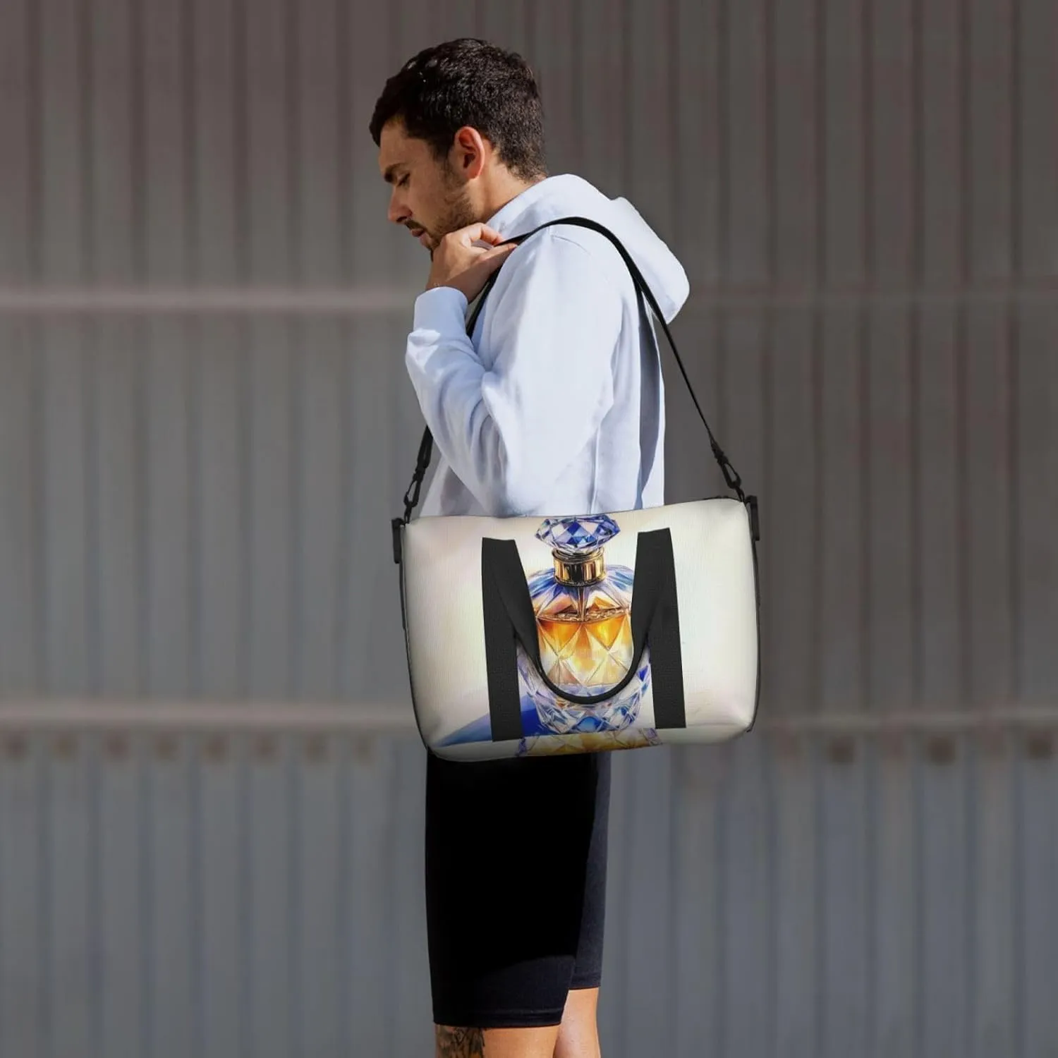A crystal bottle perfume print Travel Duffel Bag, Sports Tote Gym Bag, Swim Pool Bag Large Shoulder Tote Bag for Beach Weekender