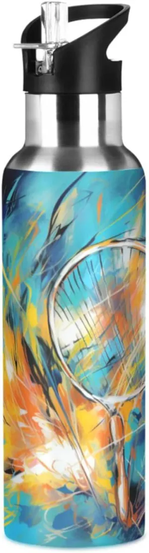 Abstract Artwork Badminton Sport Water Bottle Insulated Stainless Steel Large Vacuum Flask Leak Proof Thermos with Straw for Travel(600ml/1000ml)