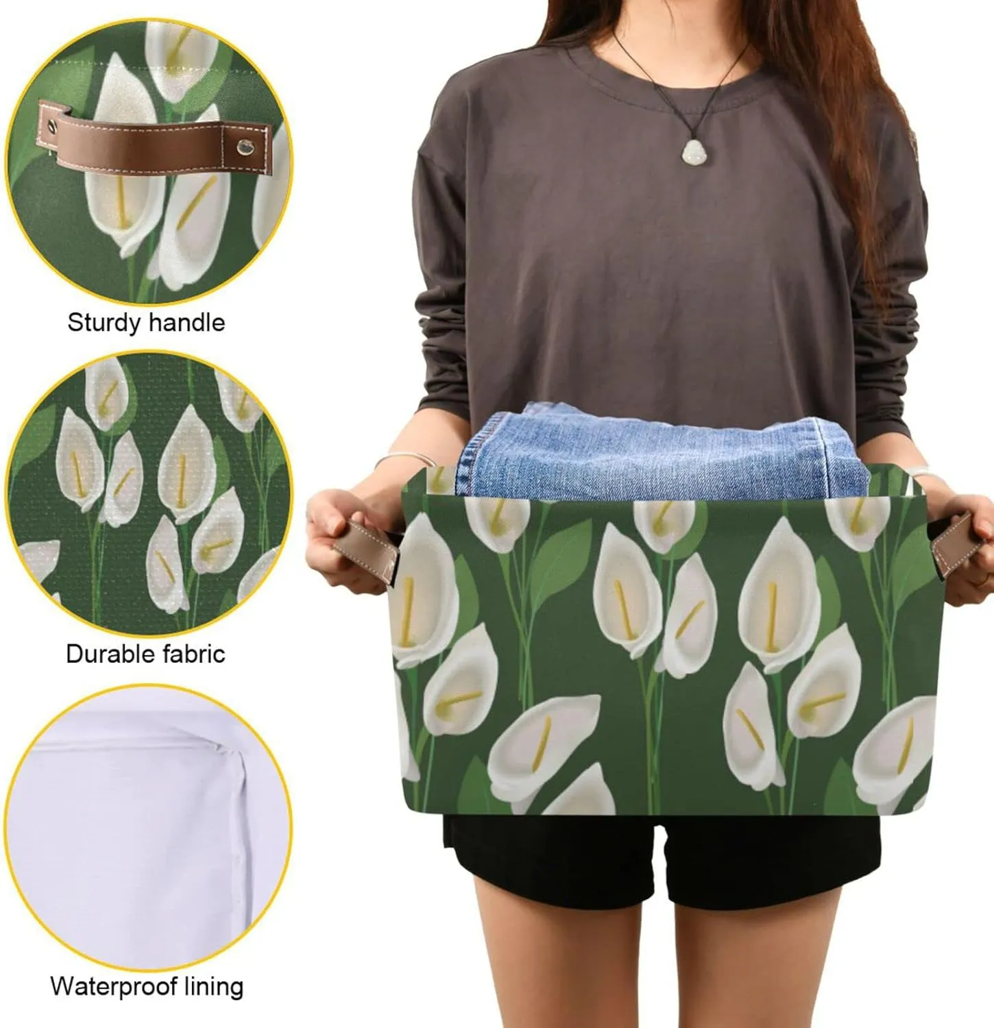 Abstract Exotic White Flowers with Green Leaves on Green Background 1 PC Rectangle Storage Basket Collapsible Fabric with Leather Handles Bag Organizer Clothes for Home Bedroom 15 x 11 x 9.5 in