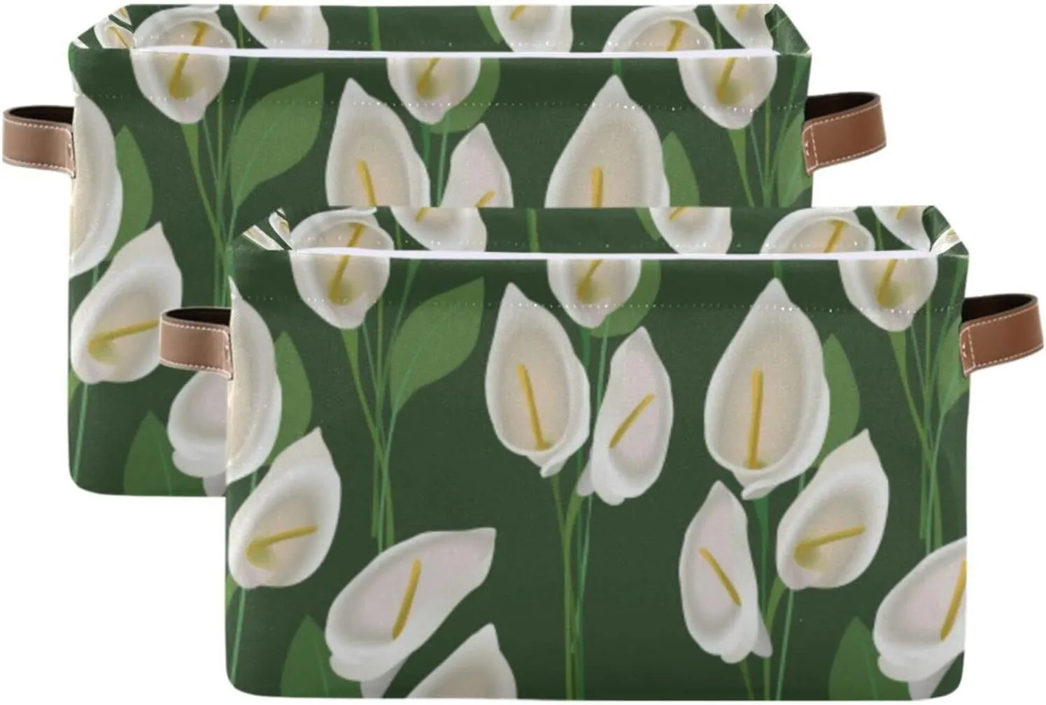 Abstract Exotic White Flowers with Green Leaves on Green Background 1 PC Rectangle Storage Basket Collapsible Fabric with Leather Handles Bag Organizer Clothes for Home Bedroom 15 x 11 x 9.5 in