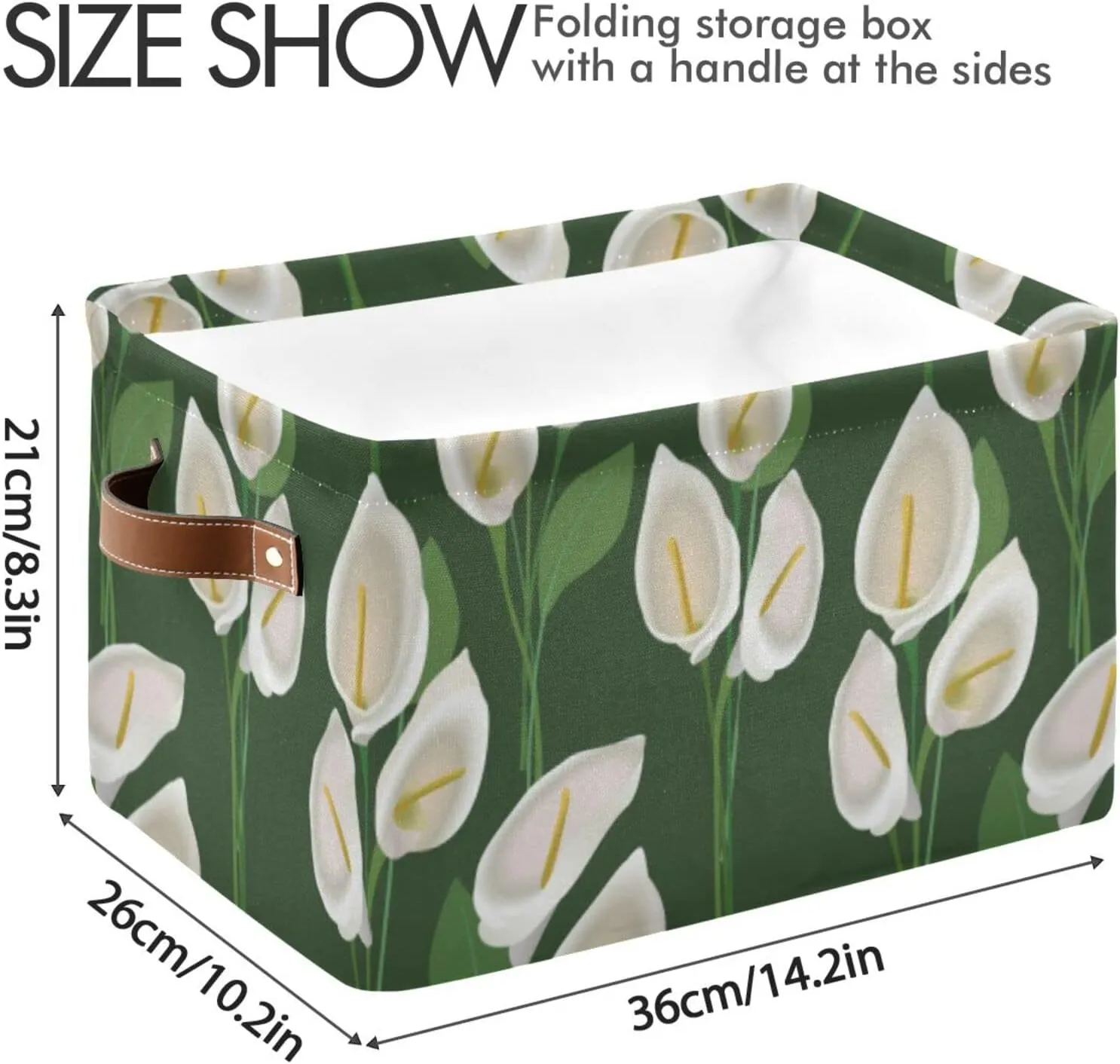 Abstract Exotic White Flowers with Green Leaves on Green Background 1 PC Rectangle Storage Basket Collapsible Fabric with Leather Handles Bag Organizer Clothes for Home Bedroom 15 x 11 x 9.5 in