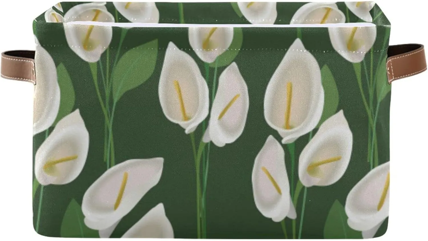 Abstract Exotic White Flowers with Green Leaves on Green Background 1 PC Rectangle Storage Basket Collapsible Fabric with Leather Handles Bag Organizer Clothes for Home Bedroom 15 x 11 x 9.5 in