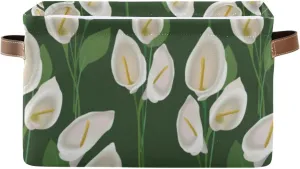 Abstract Exotic White Flowers with Green Leaves on Green Background 1 PC Rectangle Storage Basket Collapsible Fabric with Leather Handles Bag Organizer Clothes for Home Bedroom 15 x 11 x 9.5 in