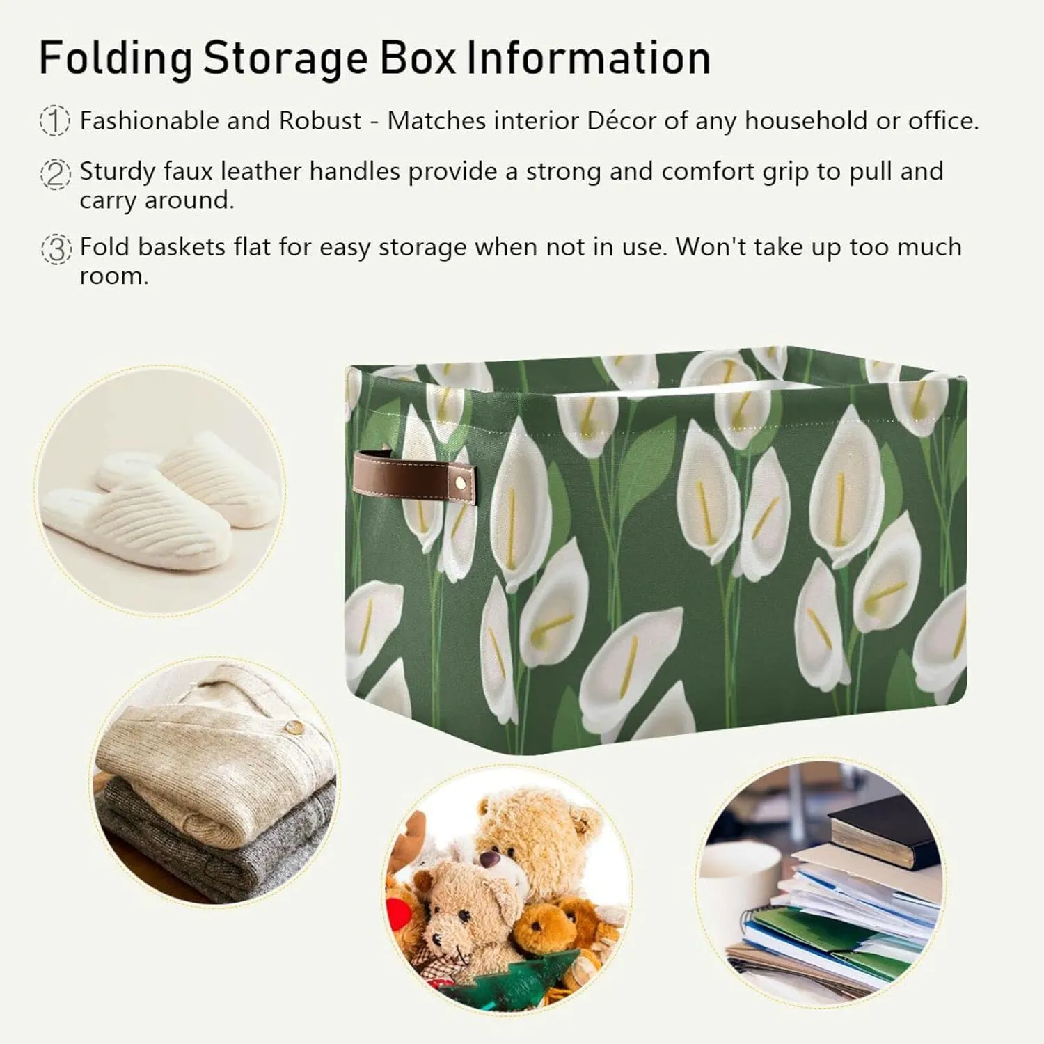 Abstract Exotic White Flowers with Green Leaves on Green Background 1 PC Rectangle Storage Basket Collapsible Fabric with Leather Handles Bag Organizer Clothes for Home Bedroom 15 x 11 x 9.5 in