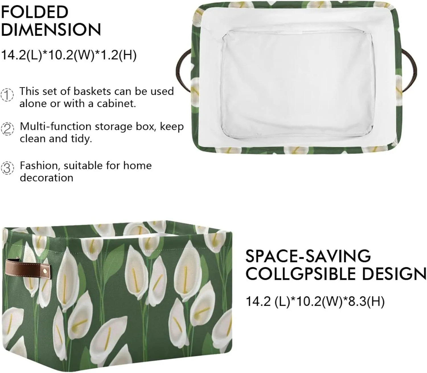 Abstract Exotic White Flowers with Green Leaves on Green Background 1 PC Rectangle Storage Basket Collapsible Fabric with Leather Handles Bag Organizer Clothes for Home Bedroom 15 x 11 x 9.5 in