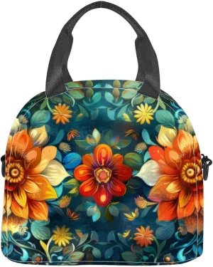Abstract floral patterns intricate and colorful artistic copy space Insulated Adult Lunch Bag with Shoulder Strap for Women Lightweight Reusable Portable Freezable Lunch Tote Bag for Work Picnic