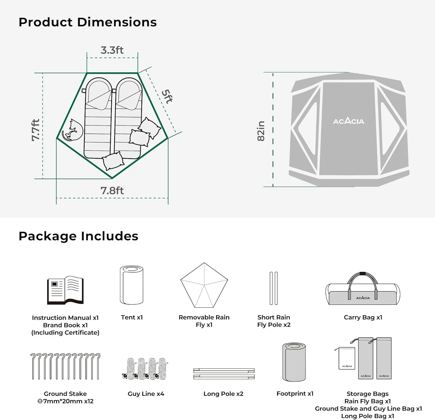ACACIA Camping Tent, Pop Up Camping Tent with 8 Windows and Footprint, Waterproof Windproof Easy Setup Hub Tent for Family Camping, Hiking and Glamping