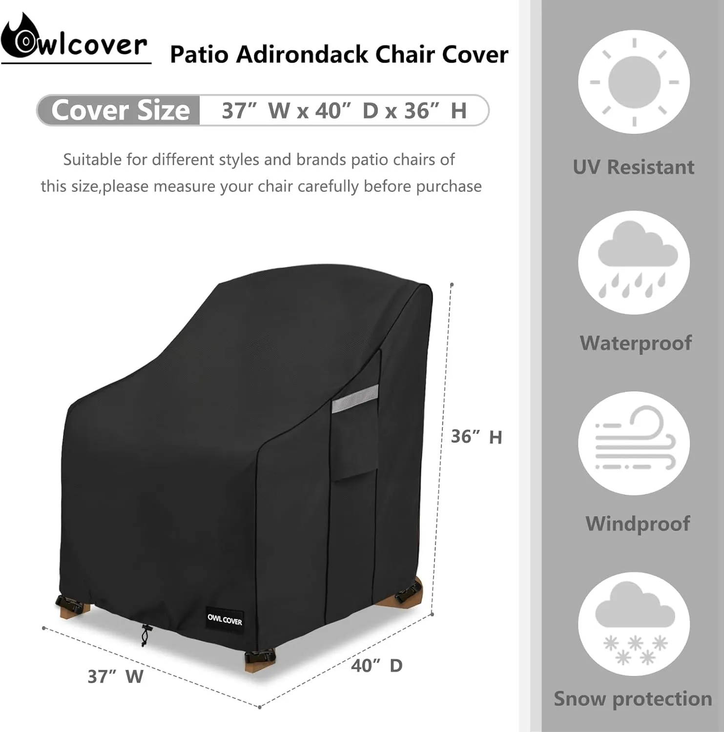 Adirondack Chair Cover 37 W x 40 D x 36 H inches,600D Heavy Duty Waterproof Outdoor Chair Covers,Patio Furniture Covers for Adirondack Chairs,Black