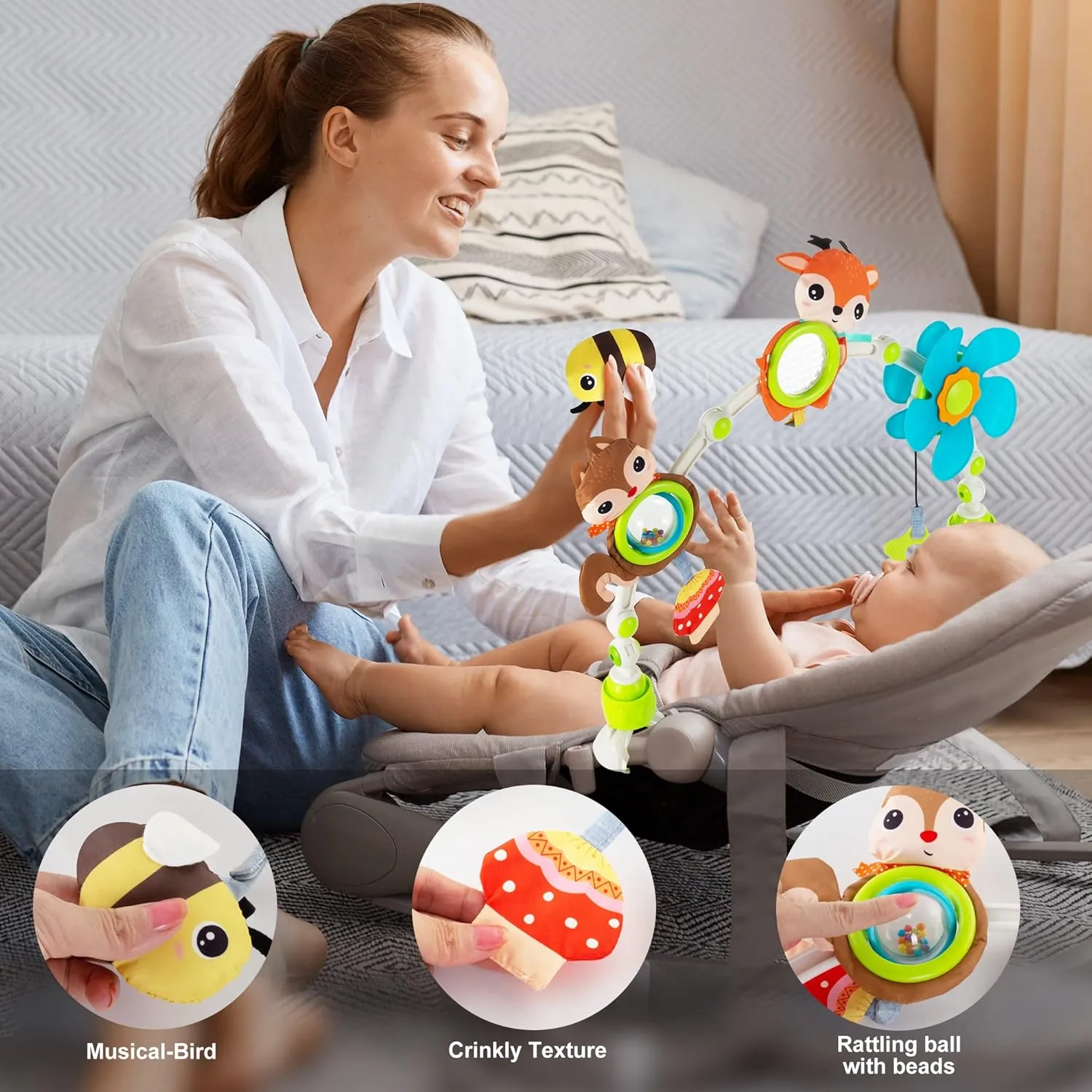 Adjustable Arch Bassinet Toys for Infant & Toddlers, Stroller Arch, Baby Crib Toys with Fascinating Toys for Stimulating Baby’s Senses and Developing Motor Skills