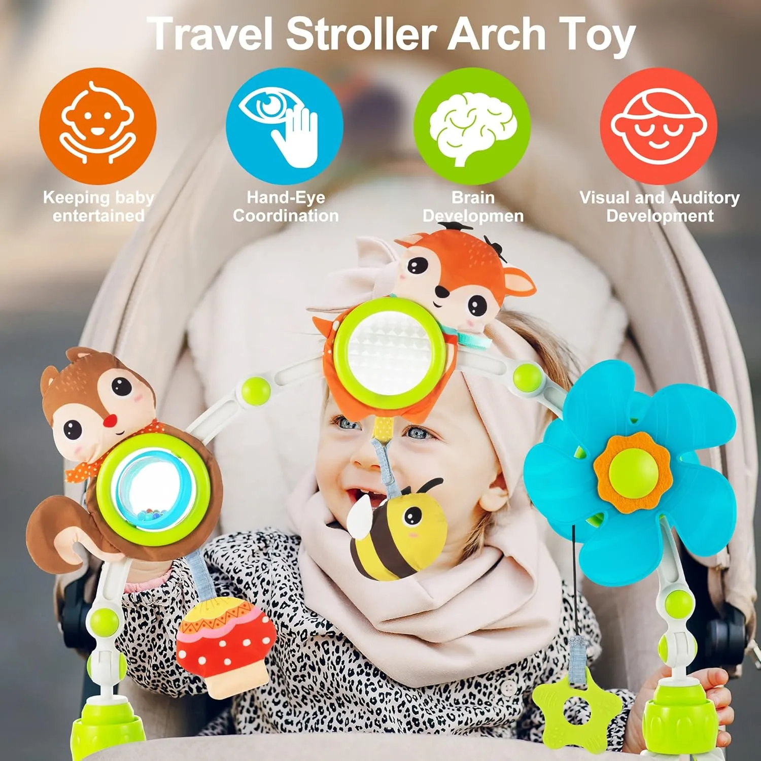 Adjustable Arch Bassinet Toys for Infant & Toddlers, Stroller Arch, Baby Crib Toys with Fascinating Toys for Stimulating Baby’s Senses and Developing Motor Skills