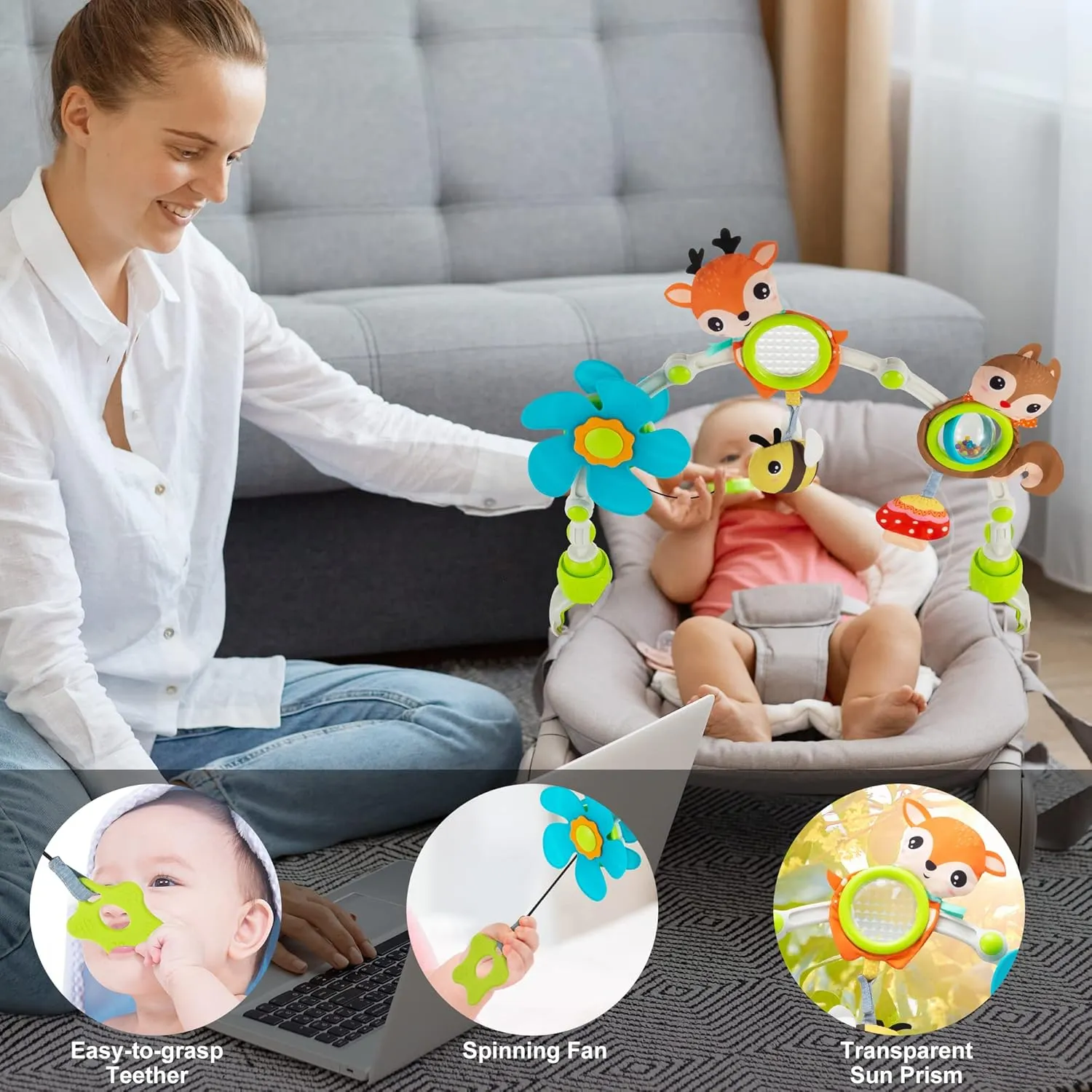 Adjustable Arch Bassinet Toys for Infant & Toddlers, Stroller Arch, Baby Crib Toys with Fascinating Toys for Stimulating Baby’s Senses and Developing Motor Skills