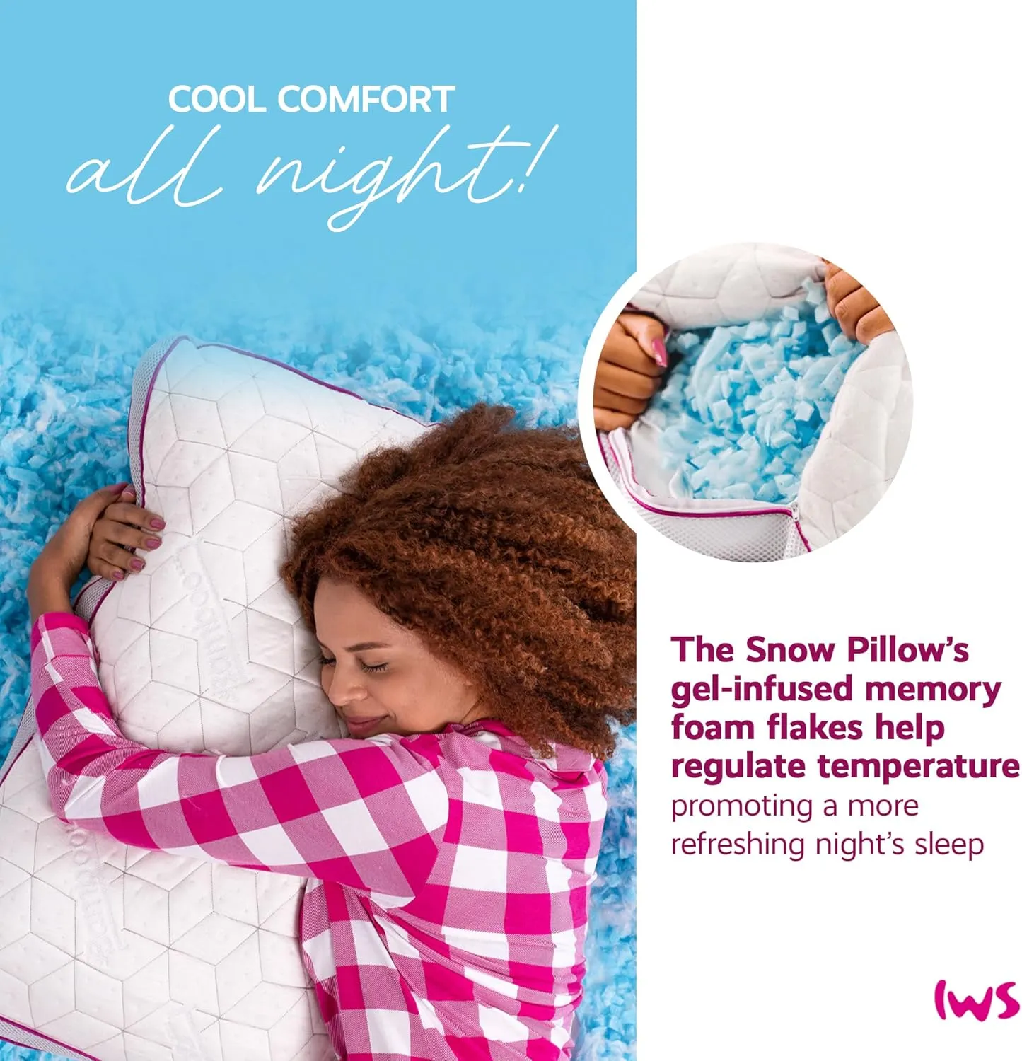 Adjustable Breathable Snow Pillow - I Wanna Sleep - Gel Memory Foam Flakes, Temperature Control & Cooling Relief, Support for Neck and Pressure Relief