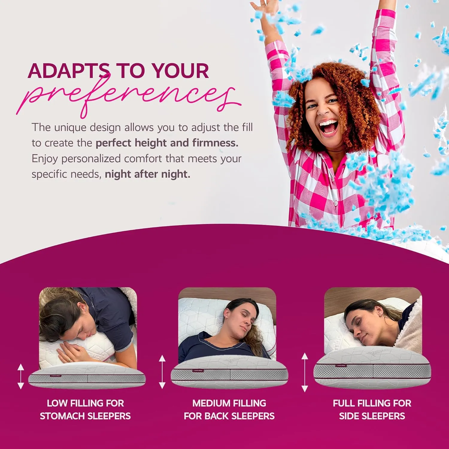 Adjustable Breathable Snow Pillow - I Wanna Sleep - Gel Memory Foam Flakes, Temperature Control & Cooling Relief, Support for Neck and Pressure Relief