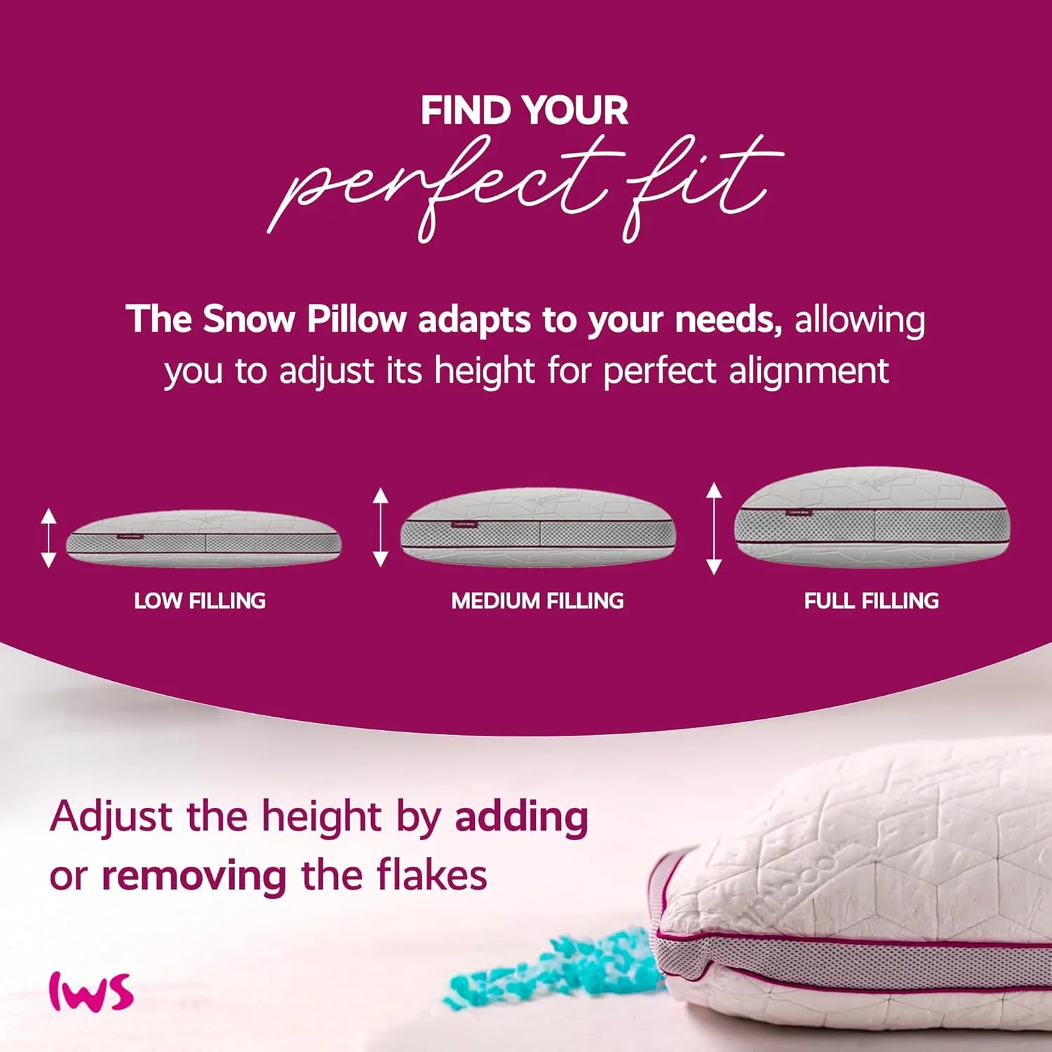 Adjustable Breathable Snow Pillow - I Wanna Sleep - Gel Memory Foam Flakes, Temperature Control & Cooling Relief, Support for Neck and Pressure Relief