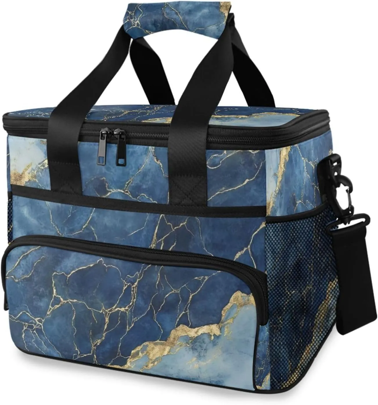 ALAZA Blue Marble Dark Golden Veins Cooler Lunch Bag Insulated Lunch Box Large Reusable Lunchbox Leakproof Freezable Cooler Bag for Women Men Picnic Beach