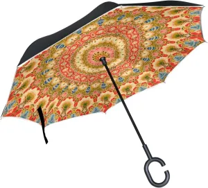 ALAZA Kashmiri Indian Flower Mandala Windproof UV Proof Reverse Folding Umbrella, Double Layer Travel Inverted Umbrella with C Shape Handle for Car Use