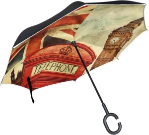 ALAZA Retro Union Jack and Big Ben Windproof UV Proof Reverse Folding Umbrella, Double Layer Travel Inverted Umbrella with C Shape Handle for Car Use
