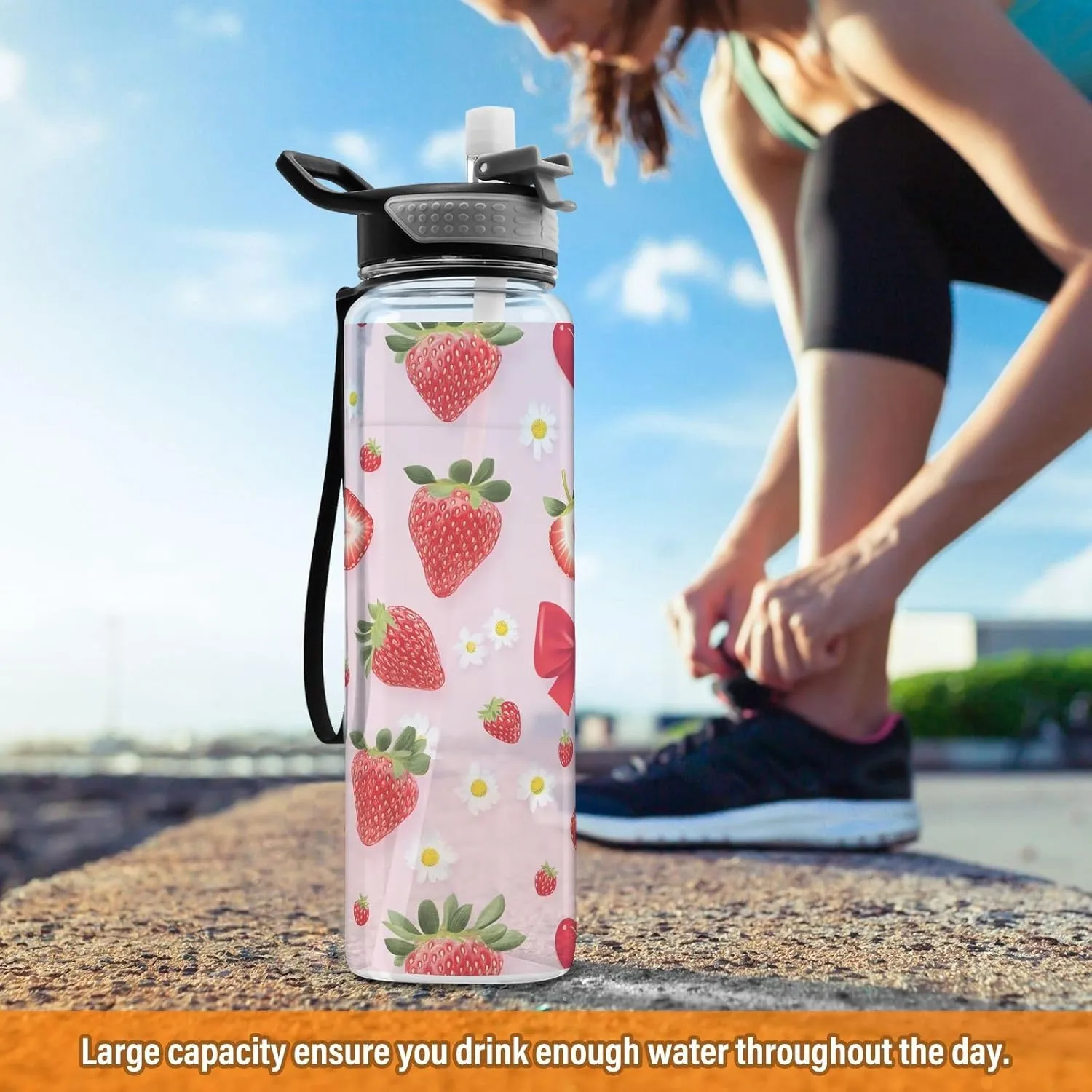 ALAZA Strawberry Water Bottle with Straw,Leakproof Tritan Clear Sports Water Bottle Pink Kids Water Bottle for School Outdoor Sports Drinking,32 oz