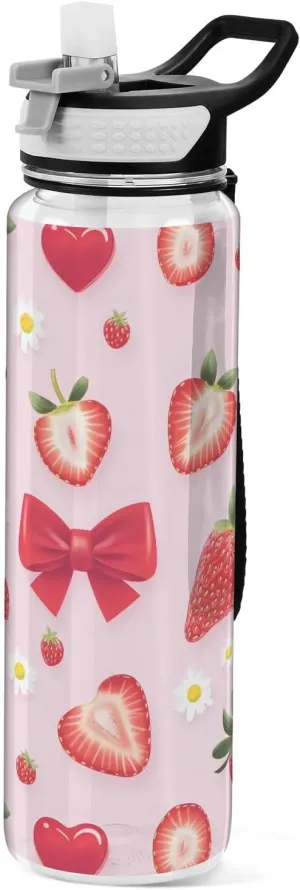 ALAZA Strawberry Water Bottle with Straw,Leakproof Tritan Clear Sports Water Bottle Pink Kids Water Bottle for School Outdoor Sports Drinking,32 oz