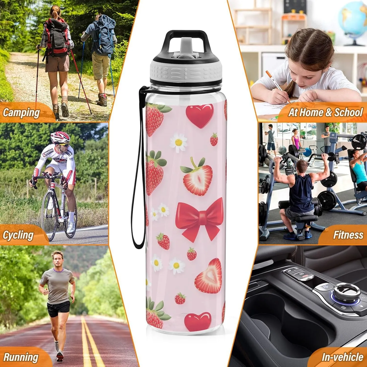 ALAZA Strawberry Water Bottle with Straw,Leakproof Tritan Clear Sports Water Bottle Pink Kids Water Bottle for School Outdoor Sports Drinking,32 oz