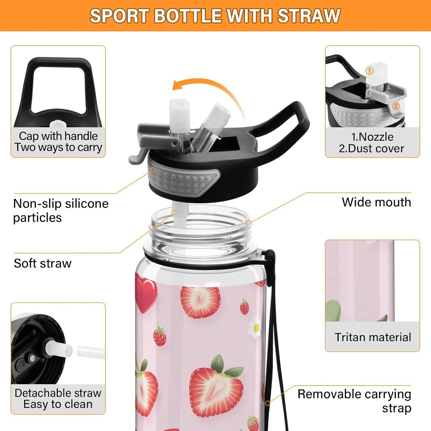ALAZA Strawberry Water Bottle with Straw,Leakproof Tritan Clear Sports Water Bottle Pink Kids Water Bottle for School Outdoor Sports Drinking,32 oz