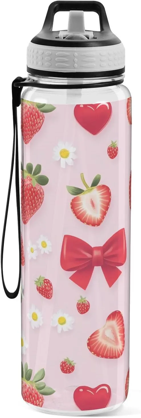 ALAZA Strawberry Water Bottle with Straw,Leakproof Tritan Clear Sports Water Bottle Pink Kids Water Bottle for School Outdoor Sports Drinking,32 oz