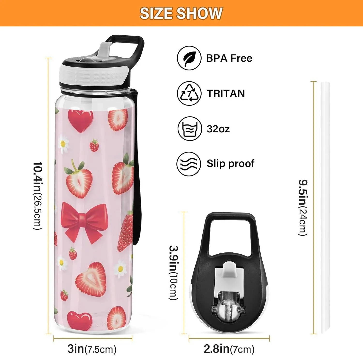 ALAZA Strawberry Water Bottle with Straw,Leakproof Tritan Clear Sports Water Bottle Pink Kids Water Bottle for School Outdoor Sports Drinking,32 oz