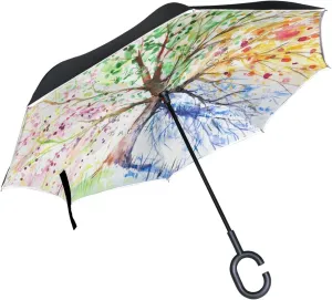 ALAZA Stylish Colorful Tree of Life Windproof UV Proof Reverse Folding Umbrella, Double Layer Travel Inverted Umbrella with C Shape Handle for Car Use