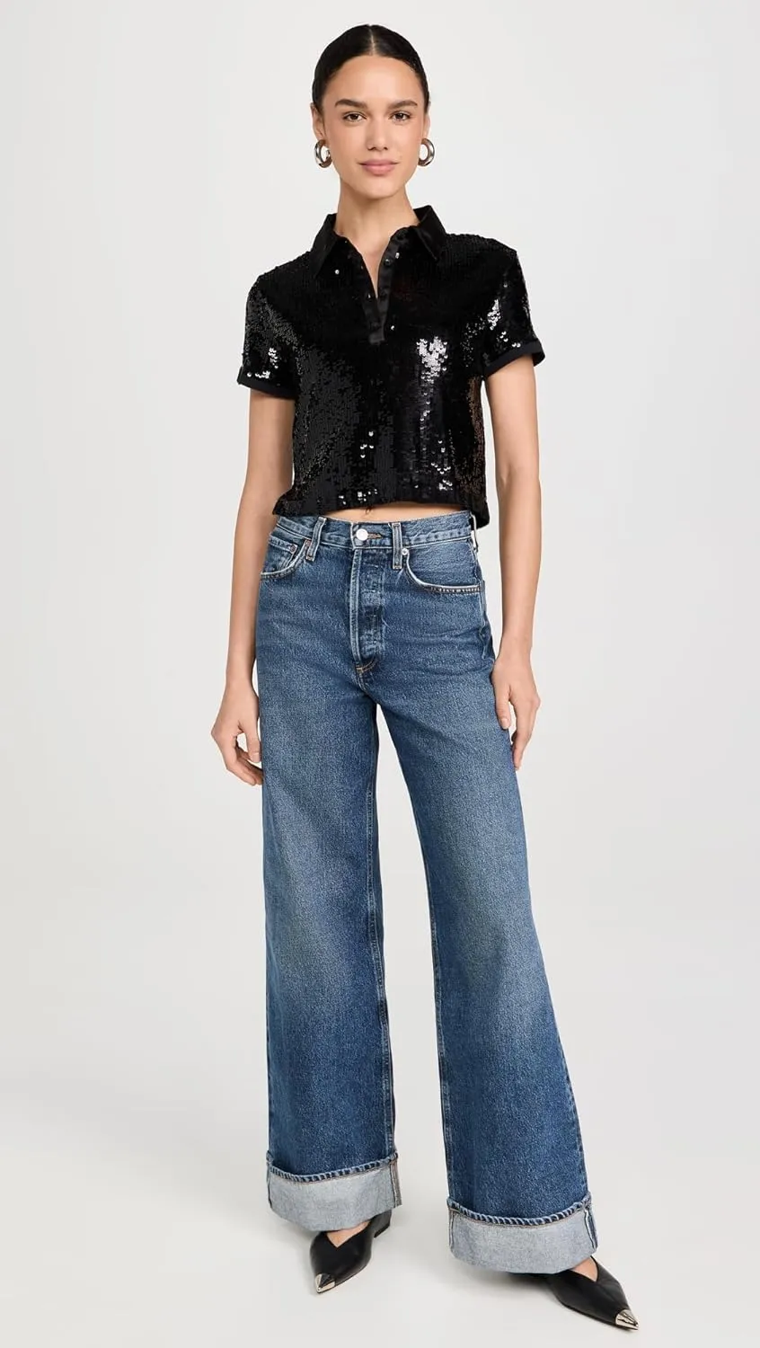 alice   olivia Women's Kit Sequin Cropped Fitted Polo Shirt