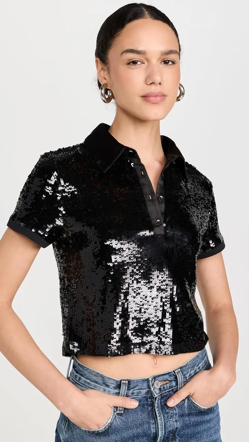 alice   olivia Women's Kit Sequin Cropped Fitted Polo Shirt
