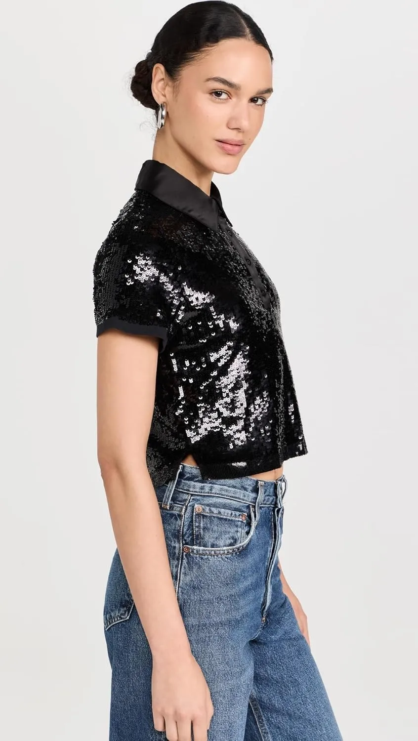alice   olivia Women's Kit Sequin Cropped Fitted Polo Shirt