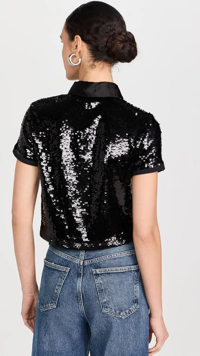 alice   olivia Women's Kit Sequin Cropped Fitted Polo Shirt