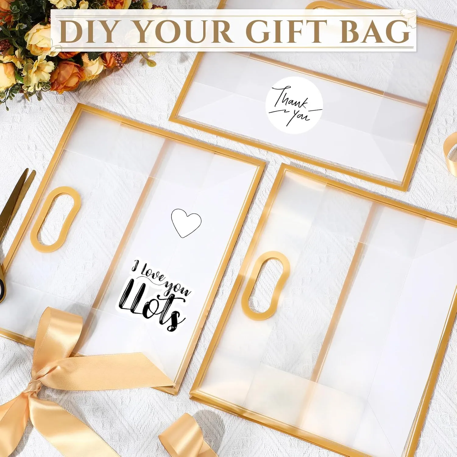 Aliceset 12 Pcs Clear Plastic Gift Bags with Die Cut Handles Graduation Reusable Flower Gift Bag with Ribbon for Wedding Bridal Shower Baby Shower Birthday Party Business, 12 x 10 x 5''(Gold)