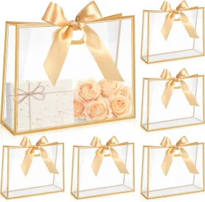 Aliceset 12 Pcs Clear Plastic Gift Bags with Die Cut Handles Graduation Reusable Flower Gift Bag with Ribbon for Wedding Bridal Shower Baby Shower Birthday Party Business, 12 x 10 x 5''(Gold)