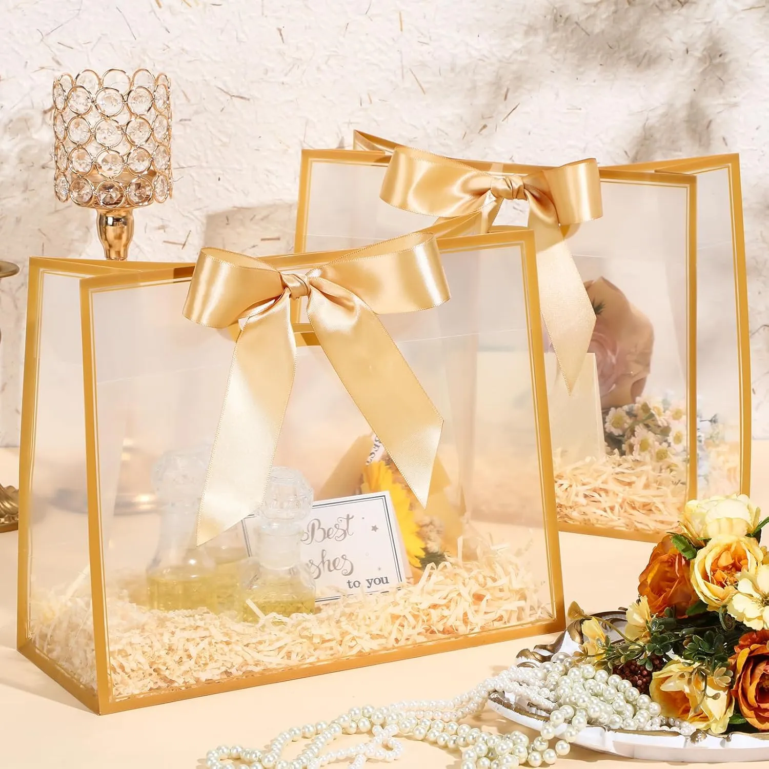 Aliceset 12 Pcs Clear Plastic Gift Bags with Die Cut Handles Graduation Reusable Flower Gift Bag with Ribbon for Wedding Bridal Shower Baby Shower Birthday Party Business, 12 x 10 x 5''(Gold)