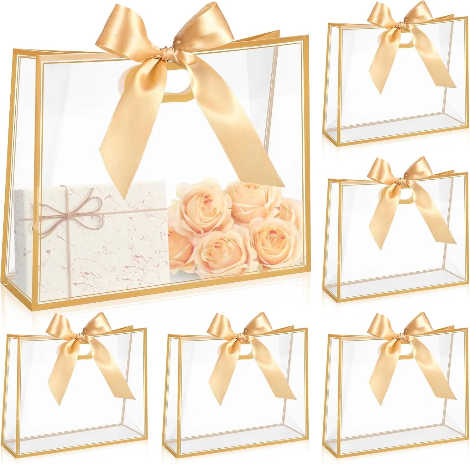 Aliceset 12 Pcs Clear Plastic Gift Bags with Die Cut Handles Graduation Reusable Flower Gift Bag with Ribbon for Wedding Bridal Shower Baby Shower Birthday Party Business, 12 x 10 x 5''(Gold)