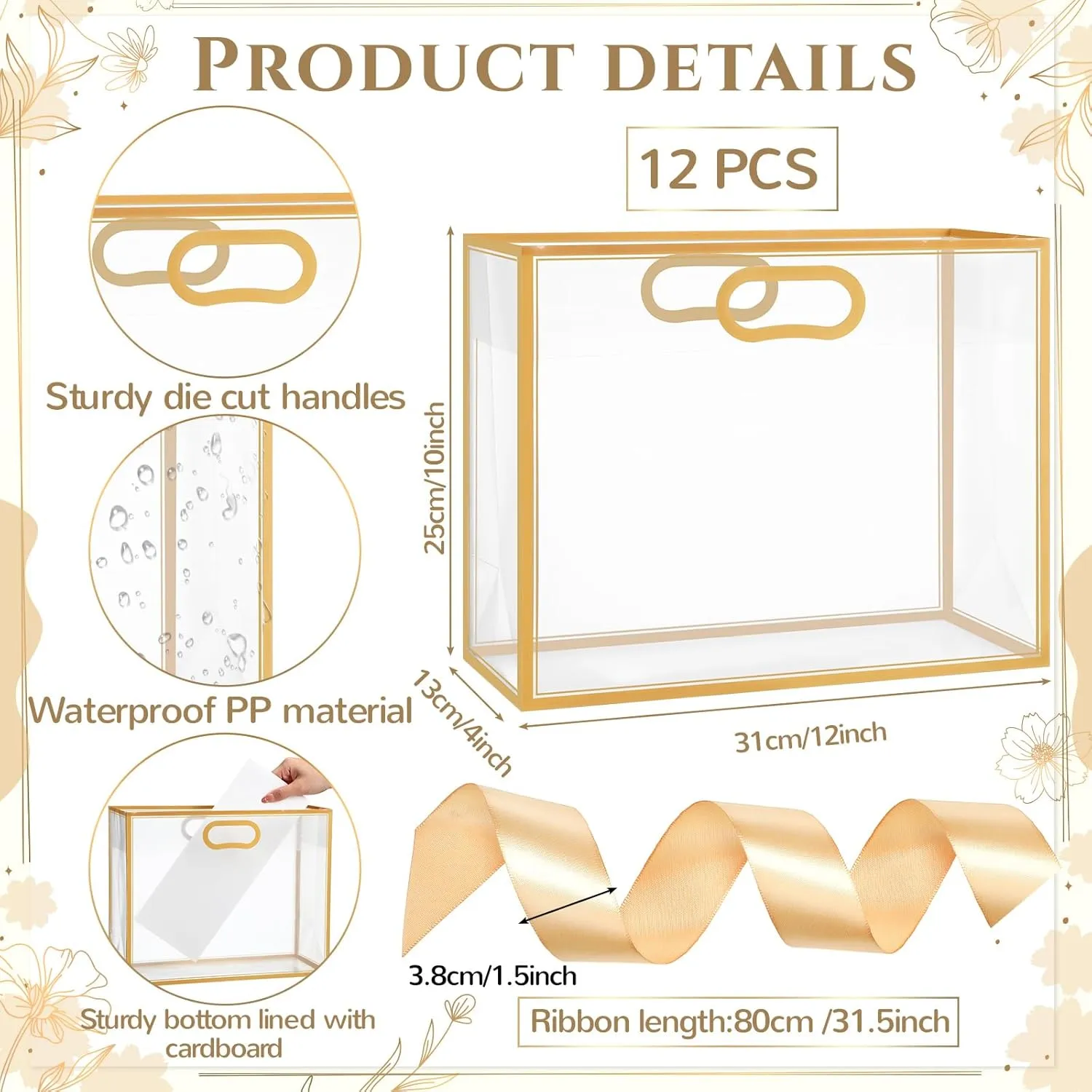 Aliceset 12 Pcs Clear Plastic Gift Bags with Die Cut Handles Graduation Reusable Flower Gift Bag with Ribbon for Wedding Bridal Shower Baby Shower Birthday Party Business, 12 x 10 x 5''(Gold)