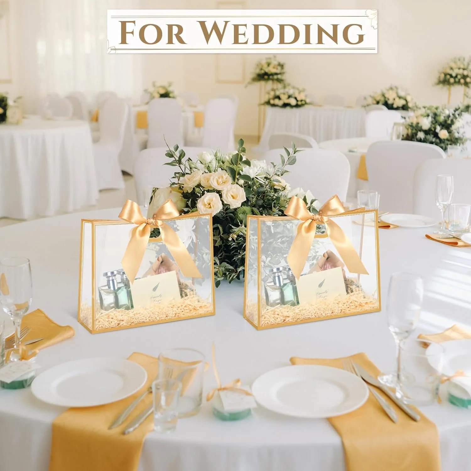 Aliceset 12 Pcs Clear Plastic Gift Bags with Die Cut Handles Graduation Reusable Flower Gift Bag with Ribbon for Wedding Bridal Shower Baby Shower Birthday Party Business, 12 x 10 x 5''(Gold)