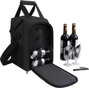 ALLCAMP 4 Bottle Wine Tote Bag with Cooler Compartment，Picnic Set Carrying Two Sets of Tableware, Black
