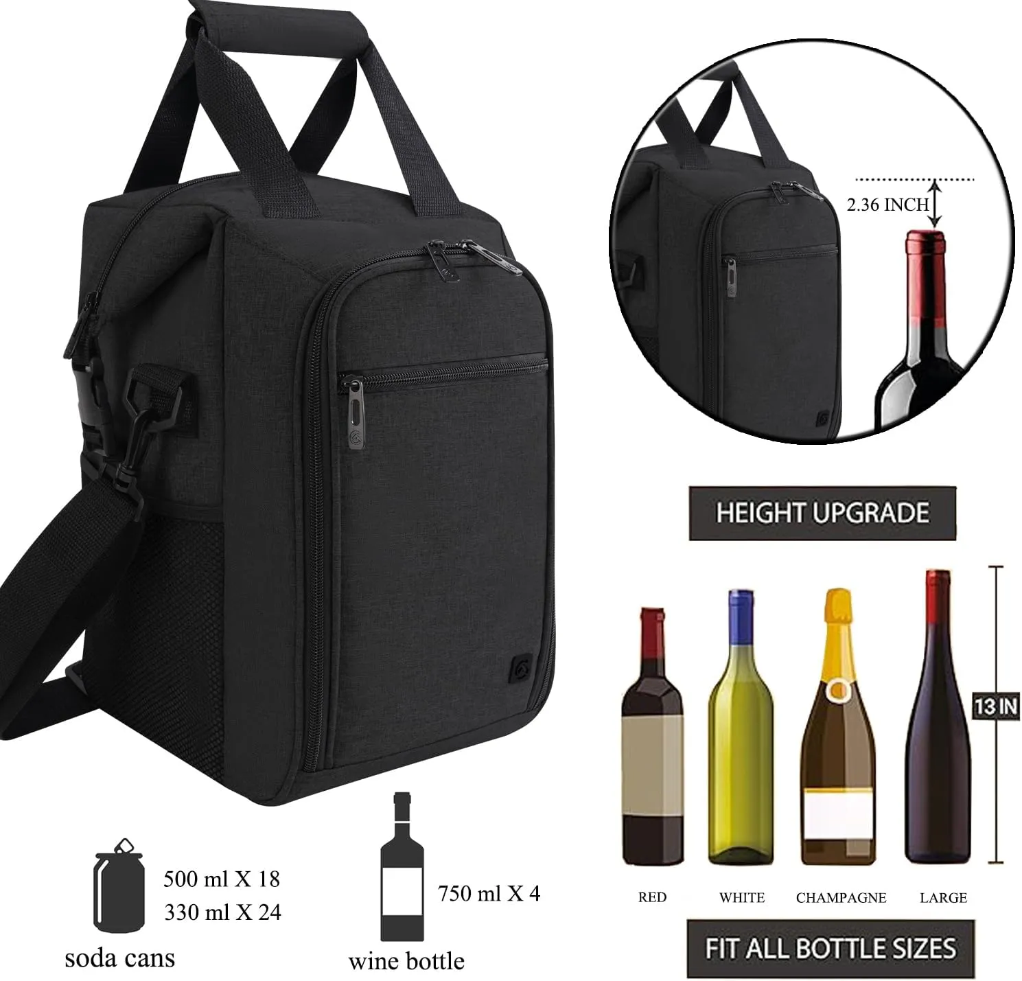 ALLCAMP 4 Bottle Wine Tote Bag with Cooler Compartment，Picnic Set Carrying Two Sets of Tableware, Black