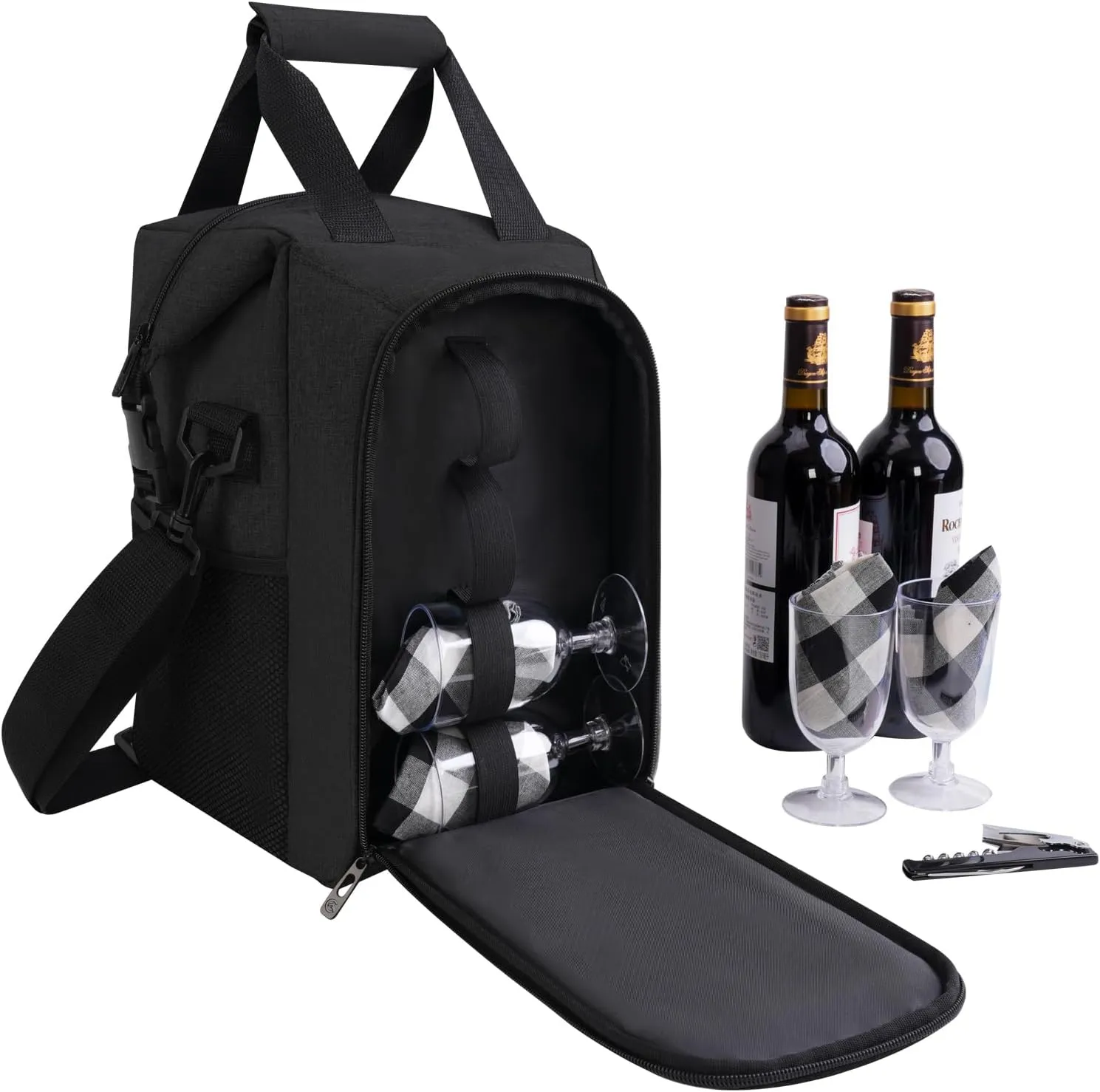 ALLCAMP 4 Bottle Wine Tote Bag with Cooler Compartment，Picnic Set Carrying Two Sets of Tableware, Black