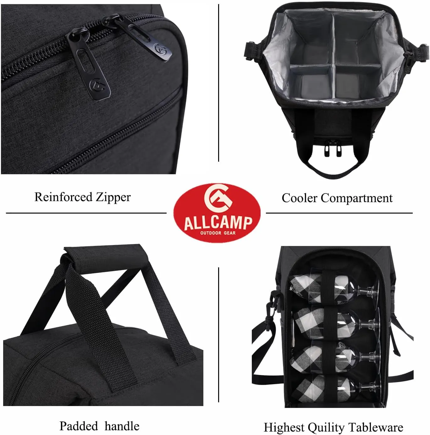 ALLCAMP 4 Bottle Wine Tote Bag with Cooler Compartment，Picnic Set Carrying Two Sets of Tableware, Black