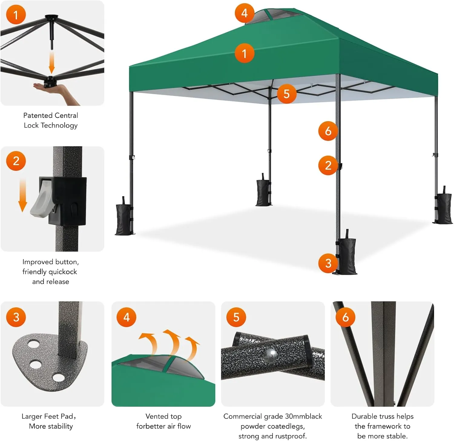 Amada 10x10ft 1-Person Setup Pop Up Canopy Tent - Easy Outdoor Sun Shade for Events, Parties, Camping, Gazebo with Wheel Cover Bag, Beach Tent with 3-Speed Adjustable Height,Green