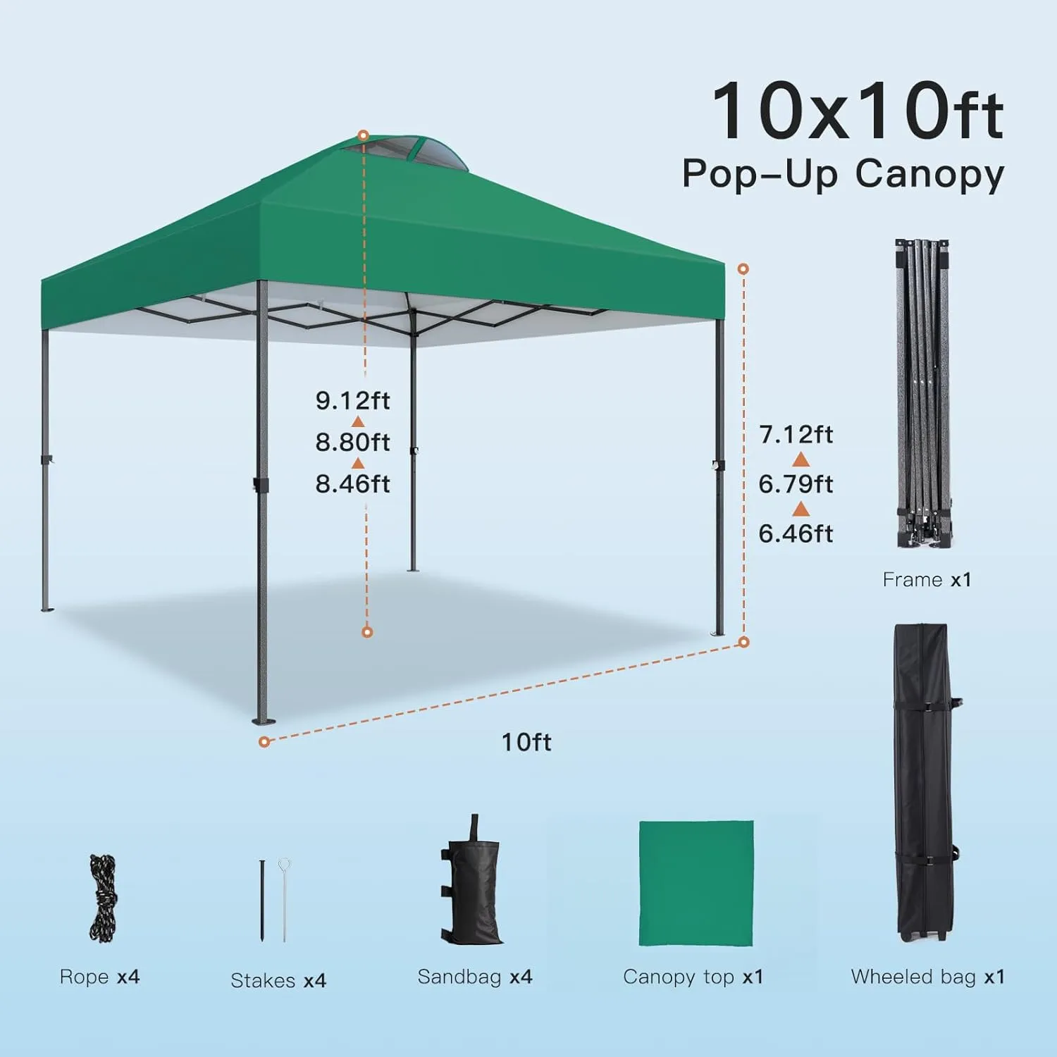 Amada 10x10ft 1-Person Setup Pop Up Canopy Tent - Easy Outdoor Sun Shade for Events, Parties, Camping, Gazebo with Wheel Cover Bag, Beach Tent with 3-Speed Adjustable Height,Green